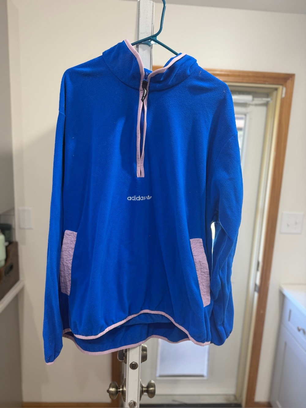 adidas Blue Hooded Pullover with Pink Trim
